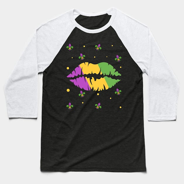 Mardi Gras Lips - Funny New Orleans Mardi Gras Fleur-De-Lis Baseball T-Shirt by Pizzan